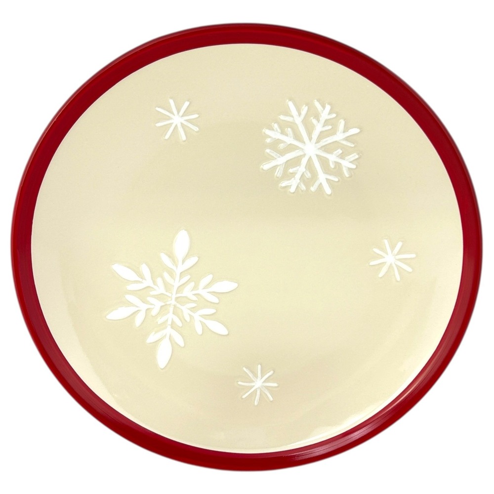 Longaberger FALLING SNOW PLATTER Red & Ivory Stoneware Embossed‎ Snowflakes 2010